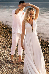 V-Neck Sleeveless Wedding Dress Beach Long-27dress